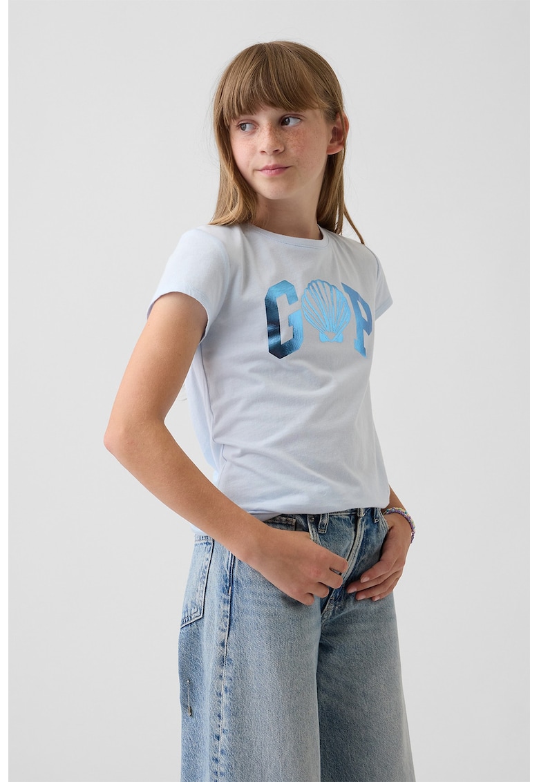 Tricou din bumbac cu model floral si logo - Albastru