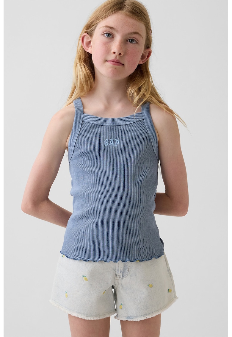 Top striat cu broderie logo - Albastru inchis