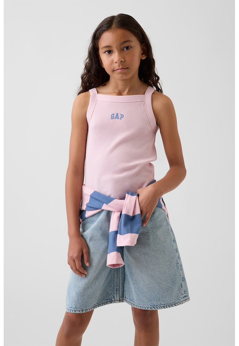 Top cu dungi si broderie logo - Roz pastel