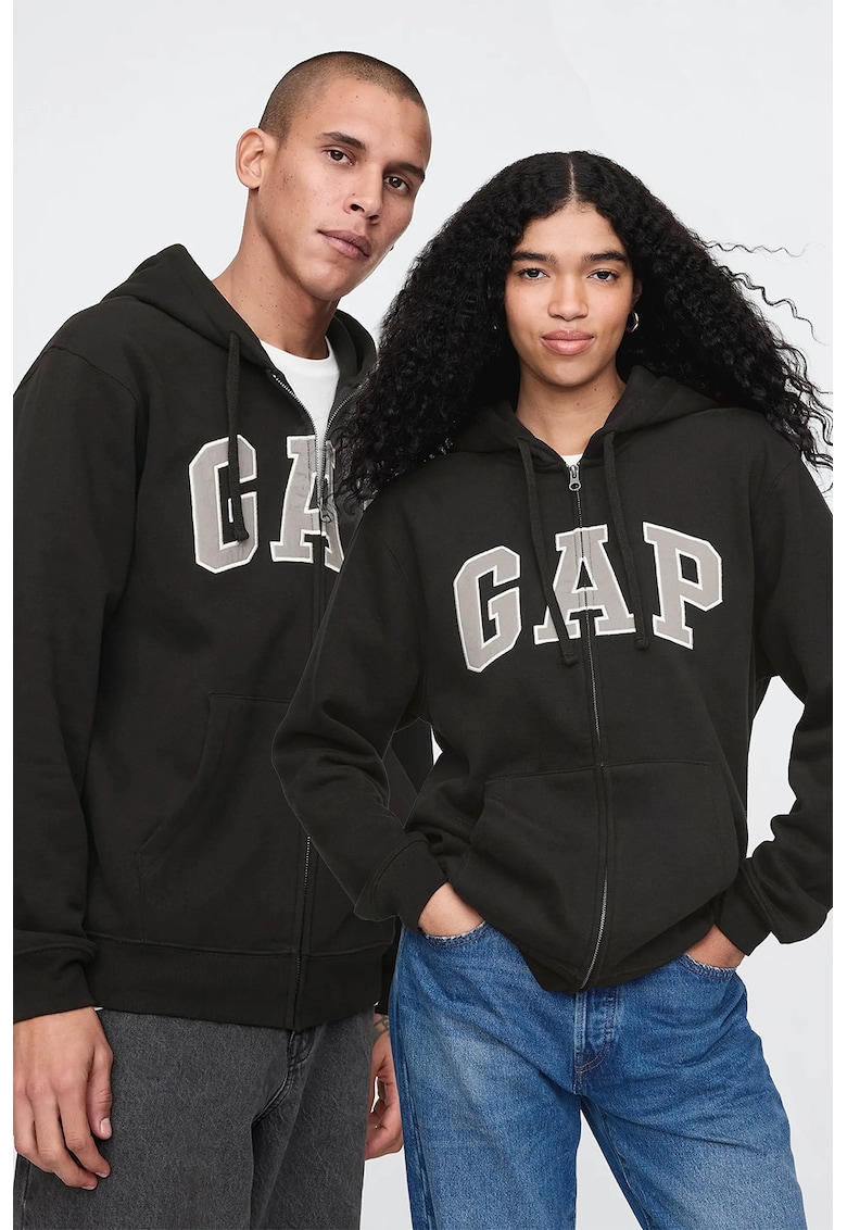 Hanorac unisex cu fermoar si imprimeu logo contrastant - Negru