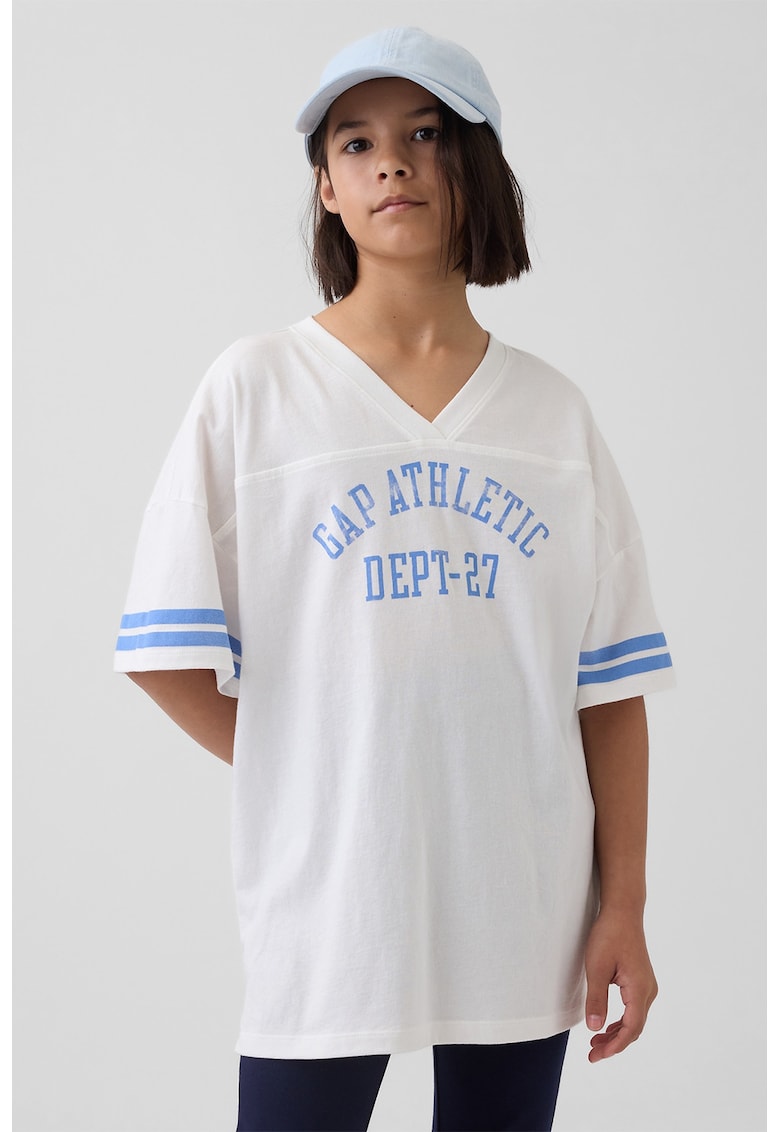 Tricou lejer cu decolteu in V - Albastru pastel/Alb murdar
