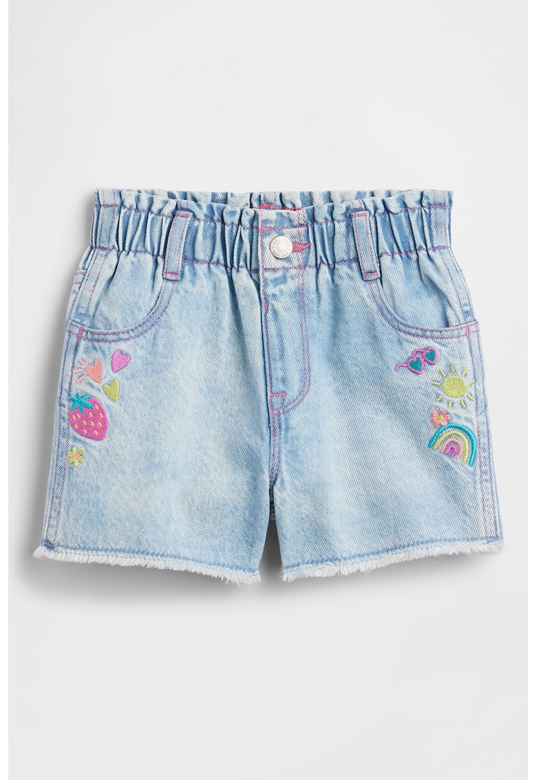 Pantaloni scurti din denim cu detalii brodate - Albastru deschis