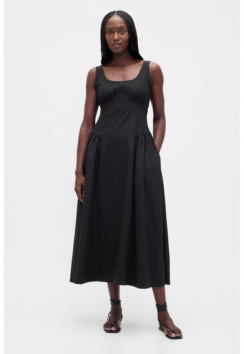 Rochie midi din amestec de in cu buzunare laterale - Negru