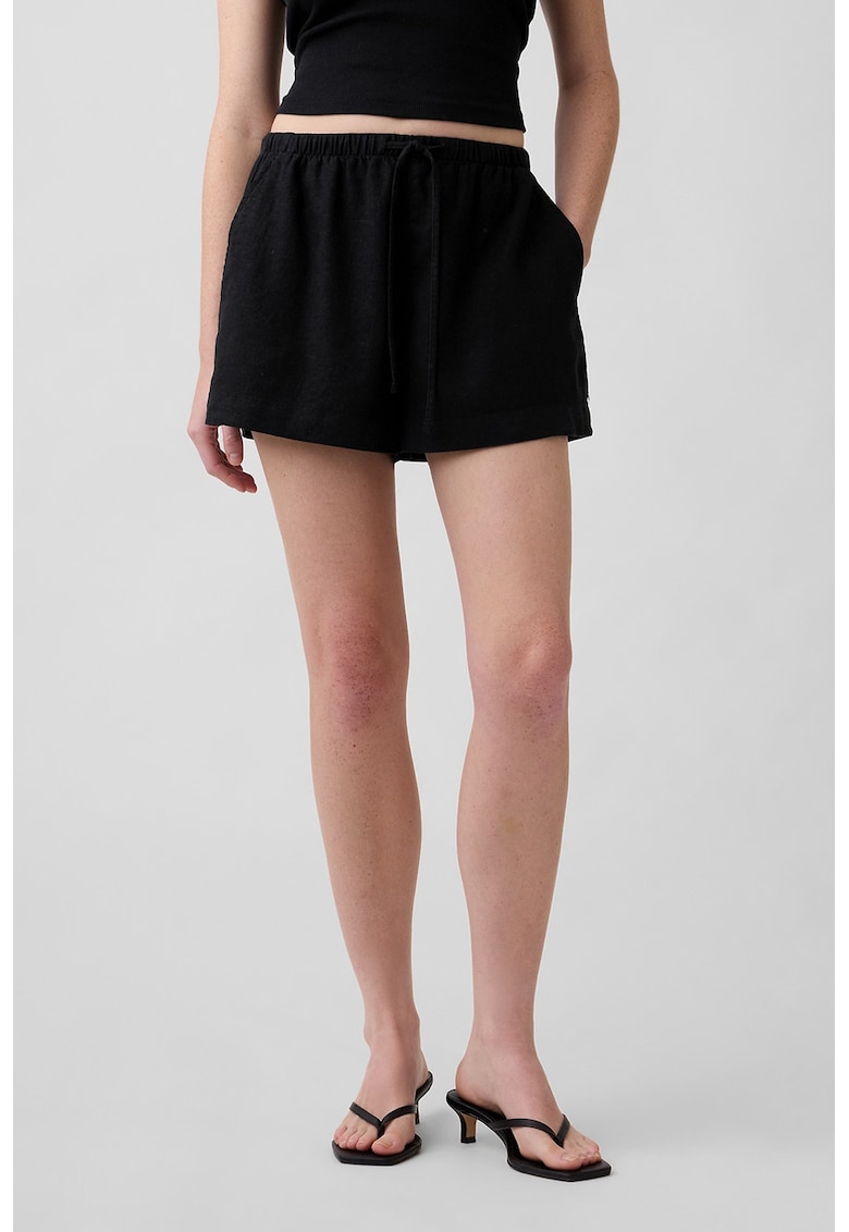 Pantaloni scurti din amestec de in cu snur - Negru