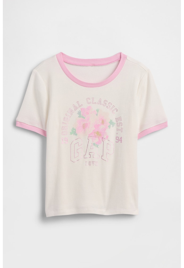 Tricou din bumbac cu aplicatie logo - Alb murdar/Roz