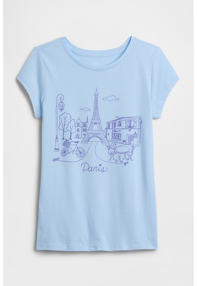 Tricou cu decolteu la baza gatului si imprimeu grafic - Albastru pastel