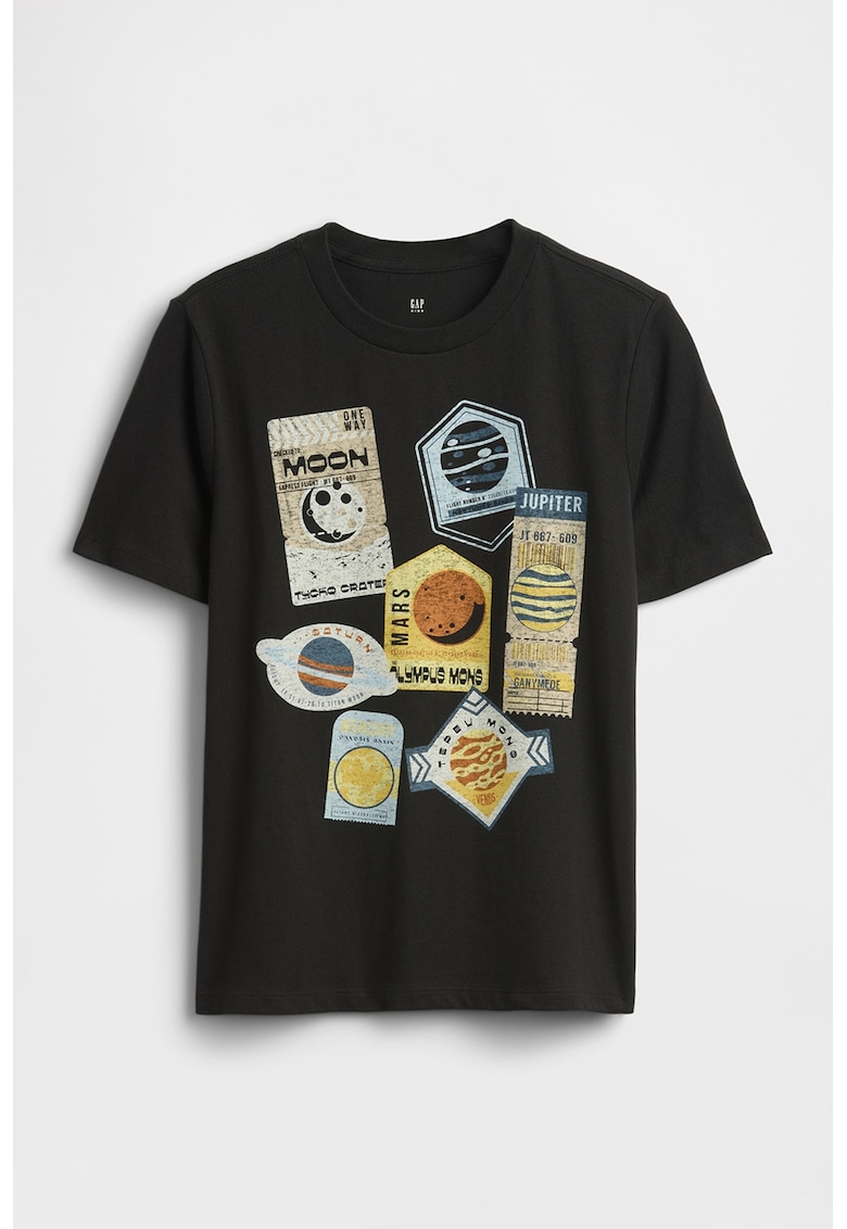 Tricou cu decolteu la baza gatului si imprimeu pe partea din fata - Negru