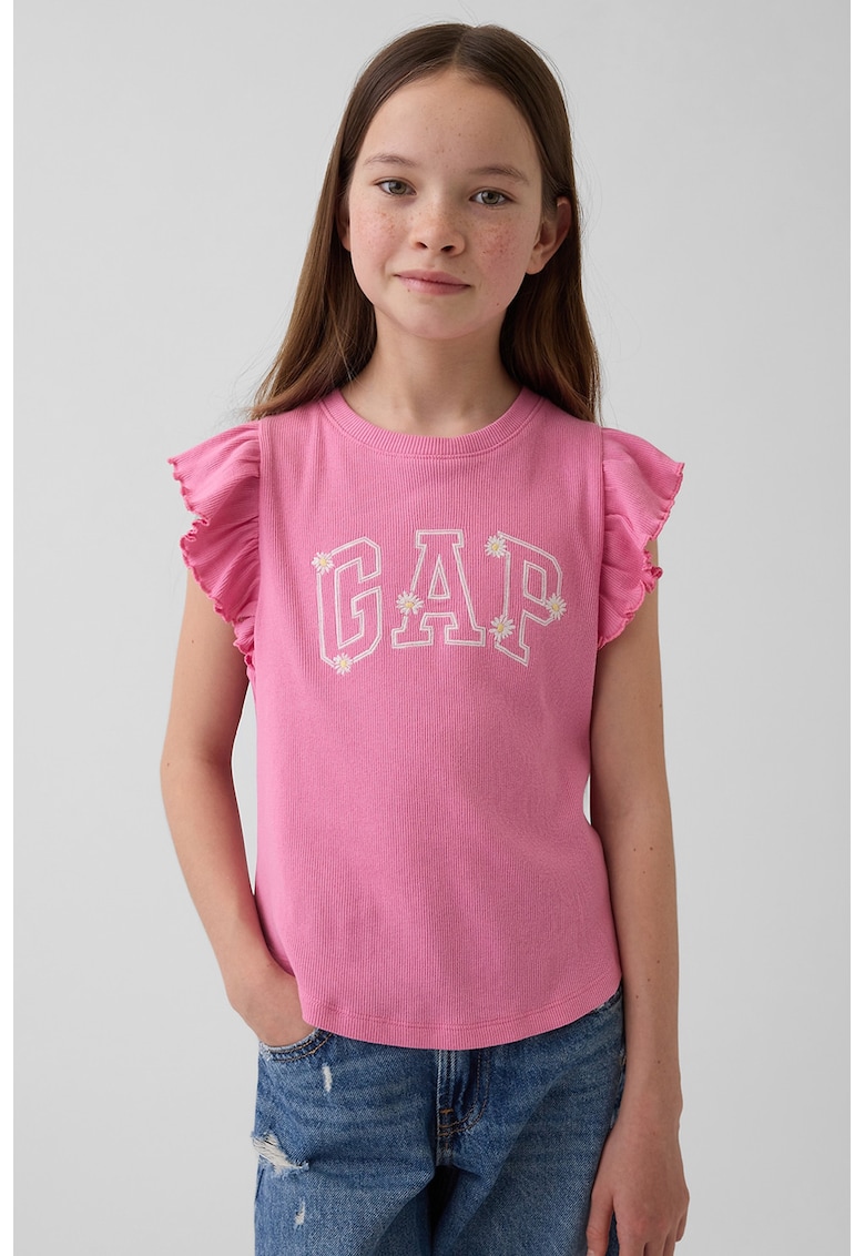 Tricou cu imprimeu logo si maneci cu volane - Roz