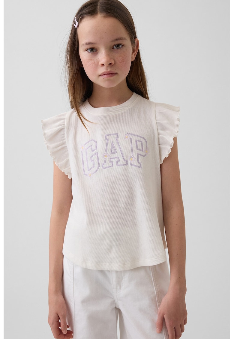Tricou cu imprimeu logo si maneci cu volane - Alb