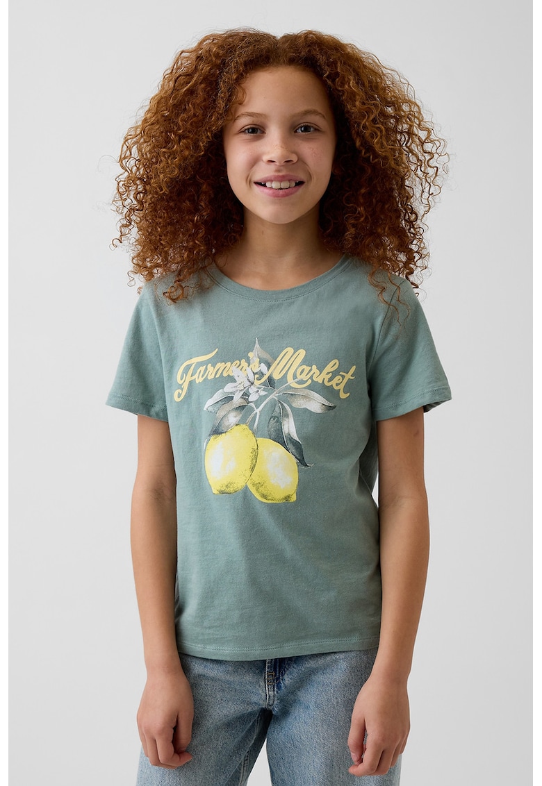 Tricou din bumbac cu decolteu la baza gatului si imprimeu lamaie - Galben/Verde sparanghel