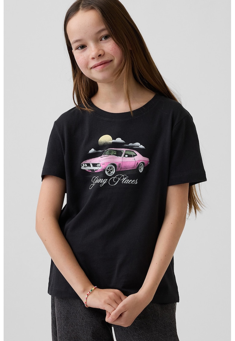 Tricou din bumbac cu decolteu la baza gatului si imprimeu lamaie - Negru