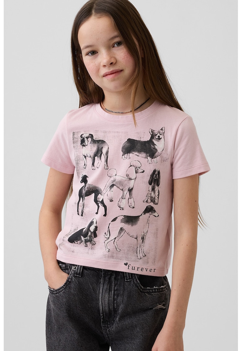 Tricou din bumbac cu decolteu la baza gatului si imprimeu lamaie - Roz prafuit