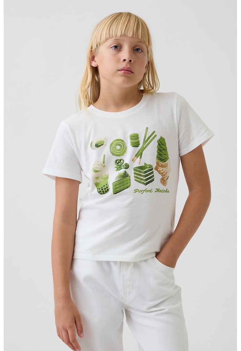 Tricou cu decolteu la baza gatului si imprimeu pe piept - Verde/Alb murdar