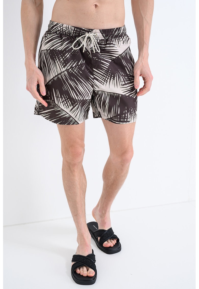 Pantaloni scurti de baie cu imprimeu - Alb fildes/Maro