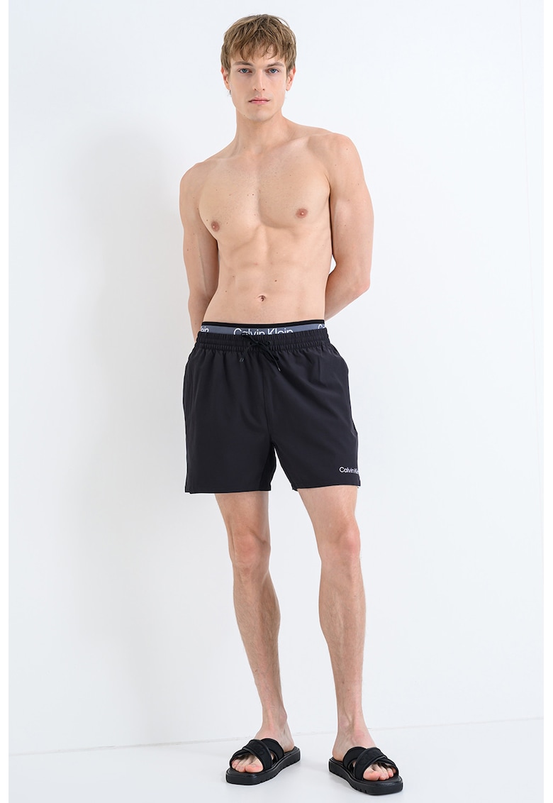 Pantaloni scurti de baie cu banda dubla in talie - Negru