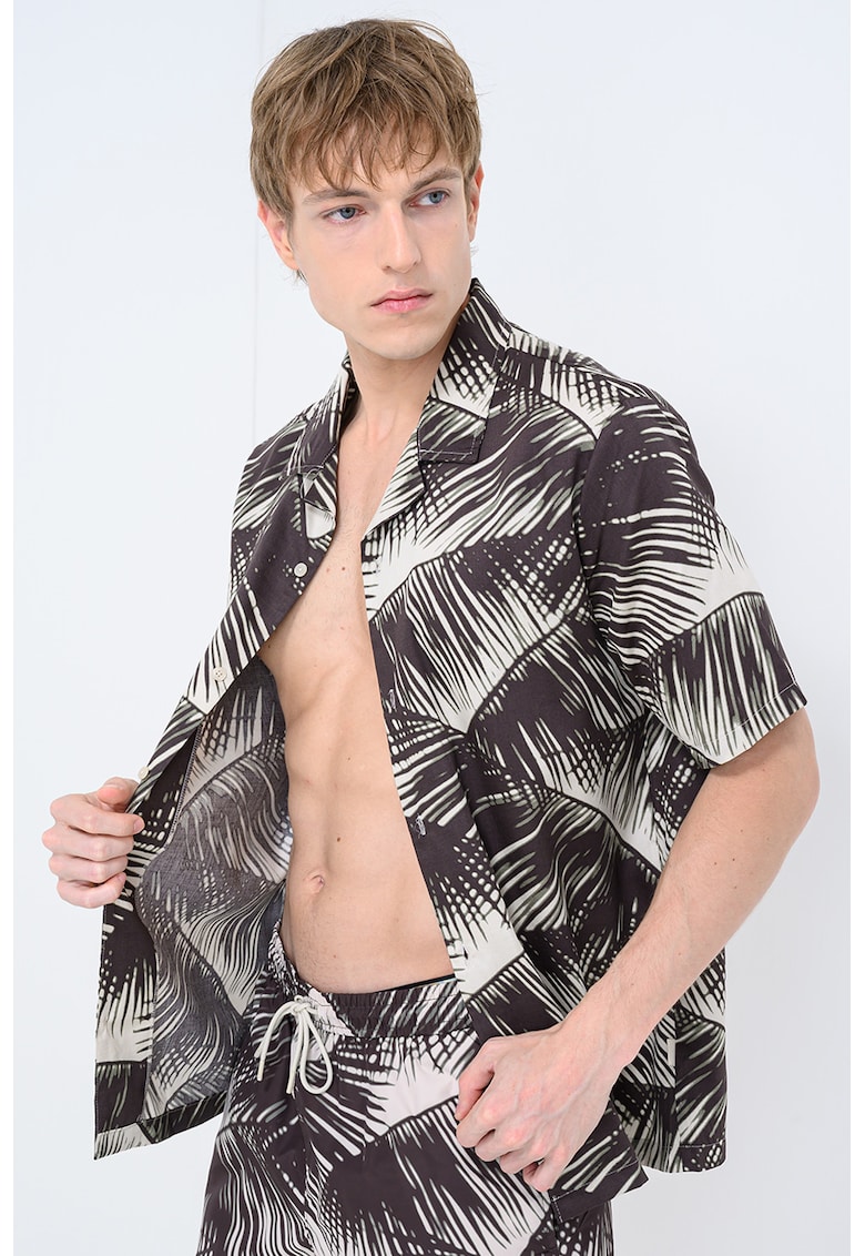 Camasa din amestec de modal cu imprimeu tropical - Alb/Maro