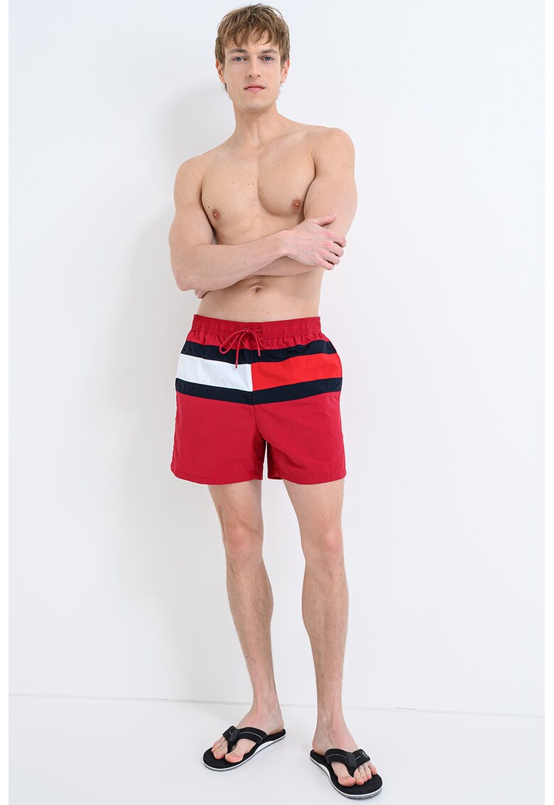 Pantaloni scurti de baie cu logo si snur in talie - Negru/Rosu inchis