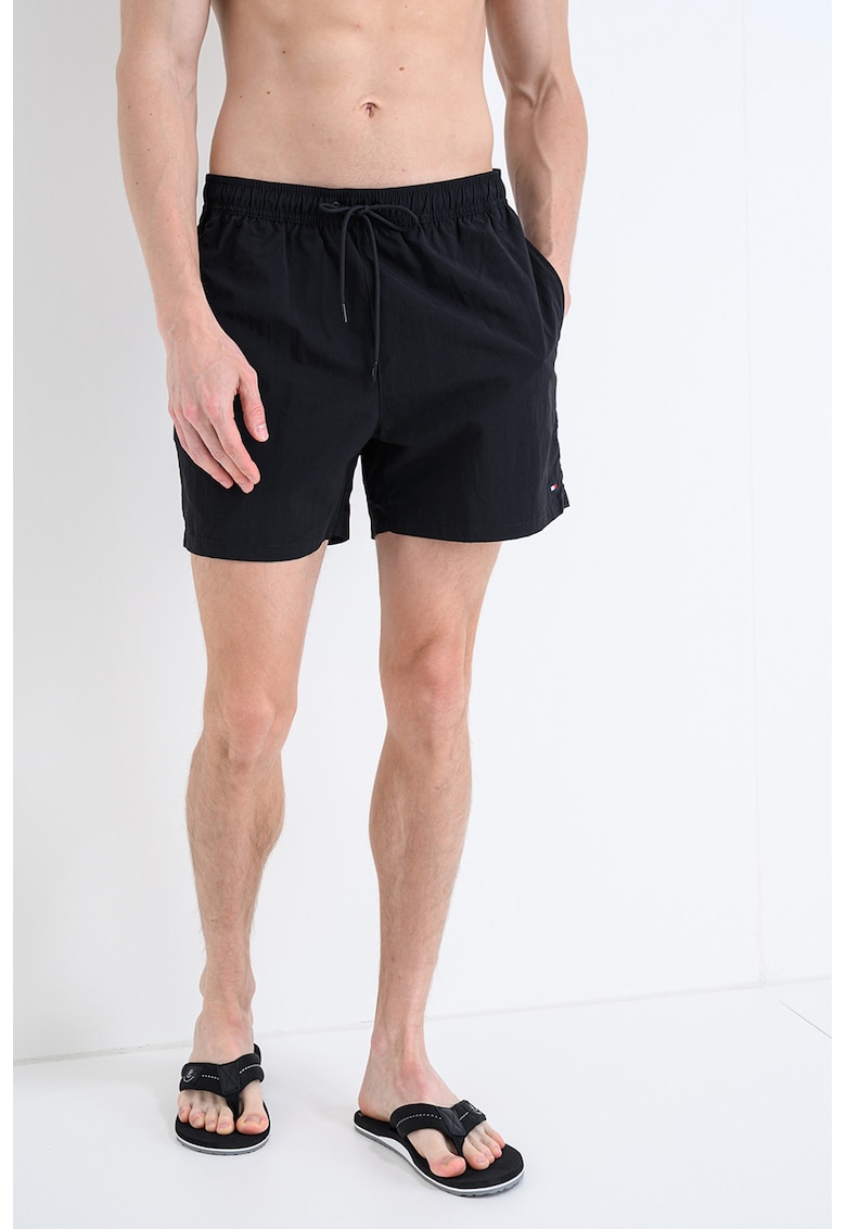 Pantaloni scurti de baie cu snururi si model uni - Negru