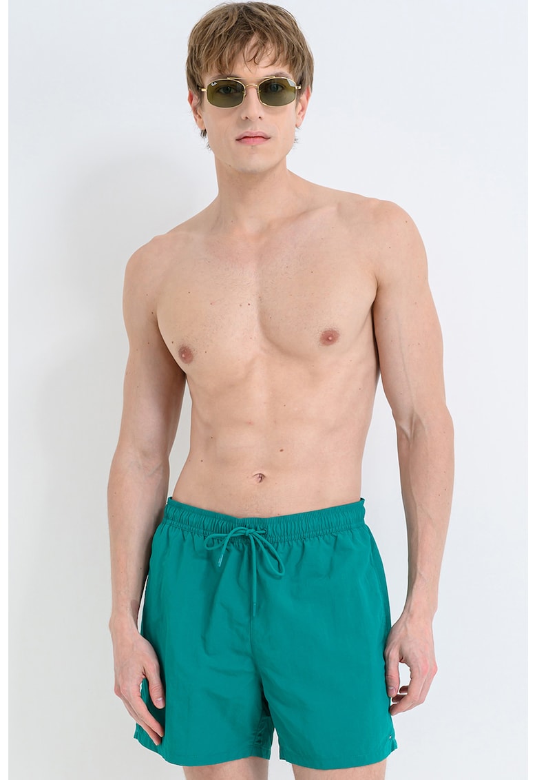 Pantaloni scurti de baie cu snururi si model uni - Verde persan