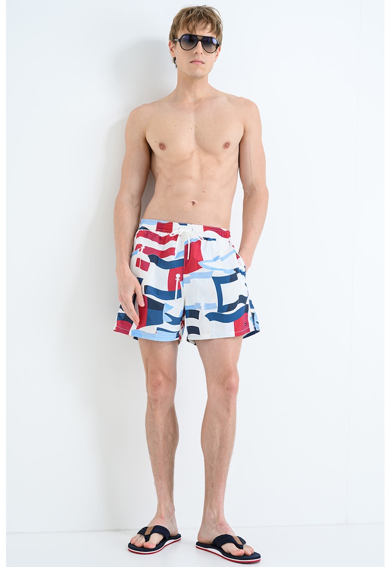 Pantaloni scurti de baie cu model si buzunare laterale - Rosu/Alb/Bleumarin