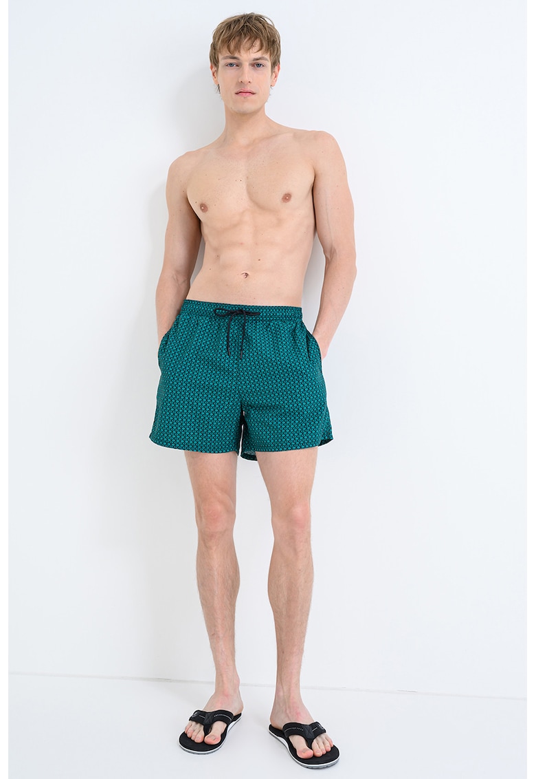 Pantaloni scurti de baie cu model si buzunare laterale - Verde/Negru