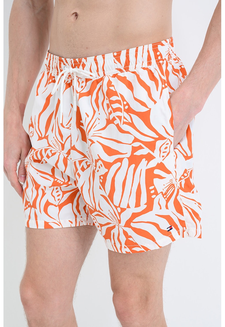 Pantaloni scurti de baie cu model si buzunare laterale - Alb/Portocaliu