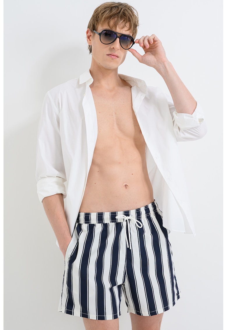 Pantaloni scurti de baie cu model si buzunare laterale - Alb/Albastru ultramarin