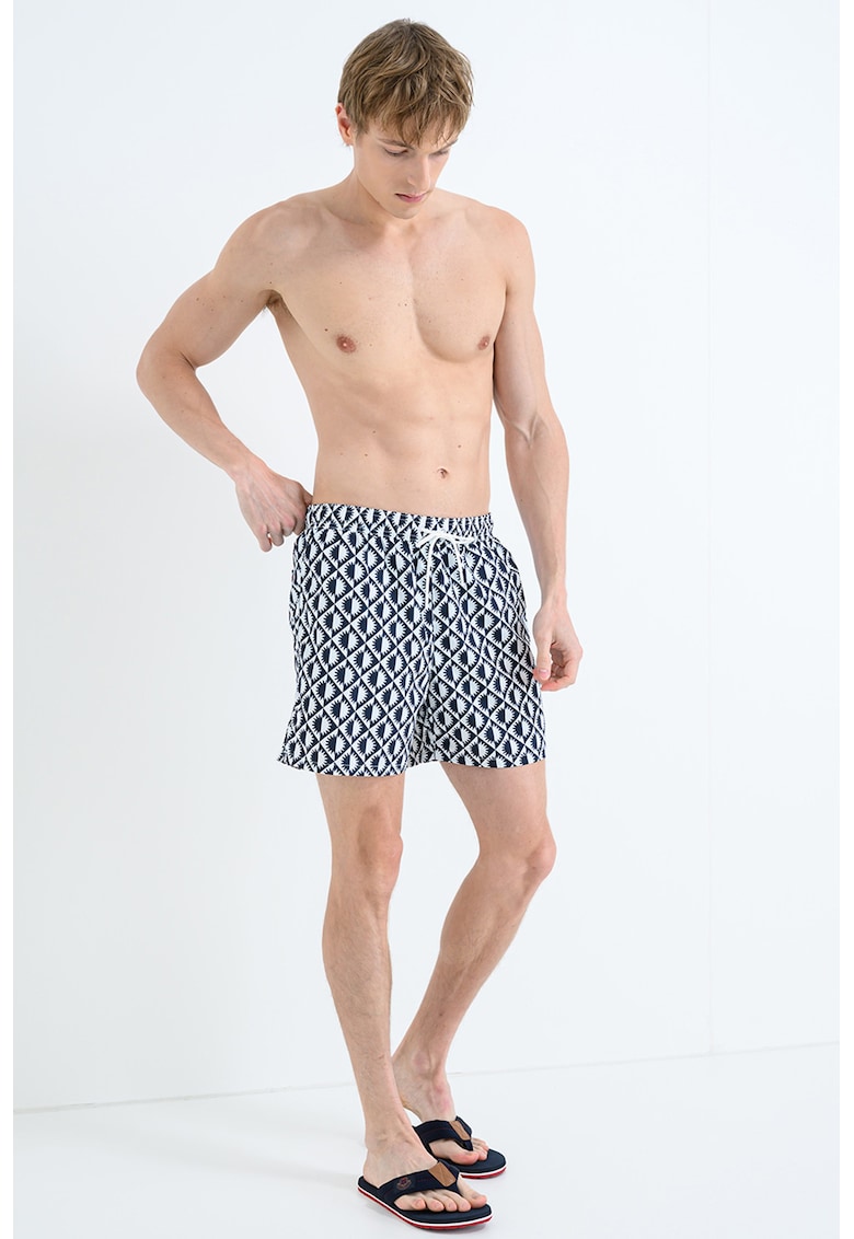Pantaloni scurti de baie cu model si buzunare laterale - Alb/Albastru oceanic