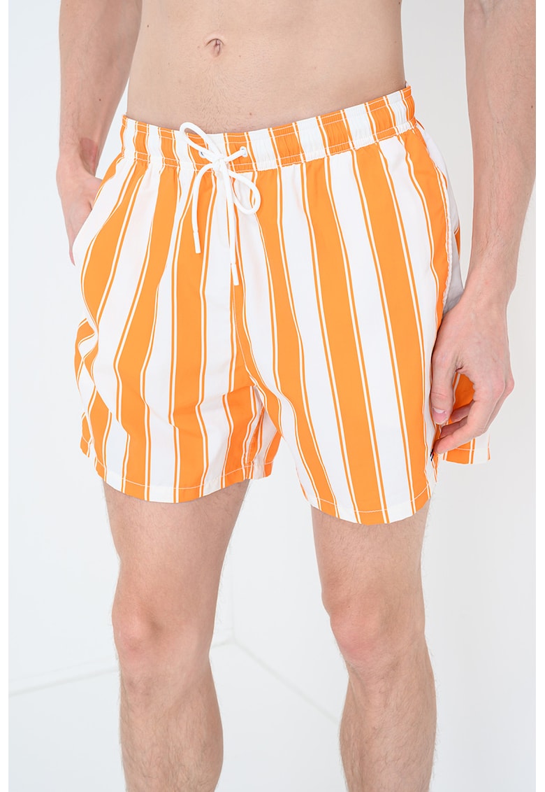 Pantaloni scurti de baie cu model si buzunare laterale - Alb/Portocaliu mandarina
