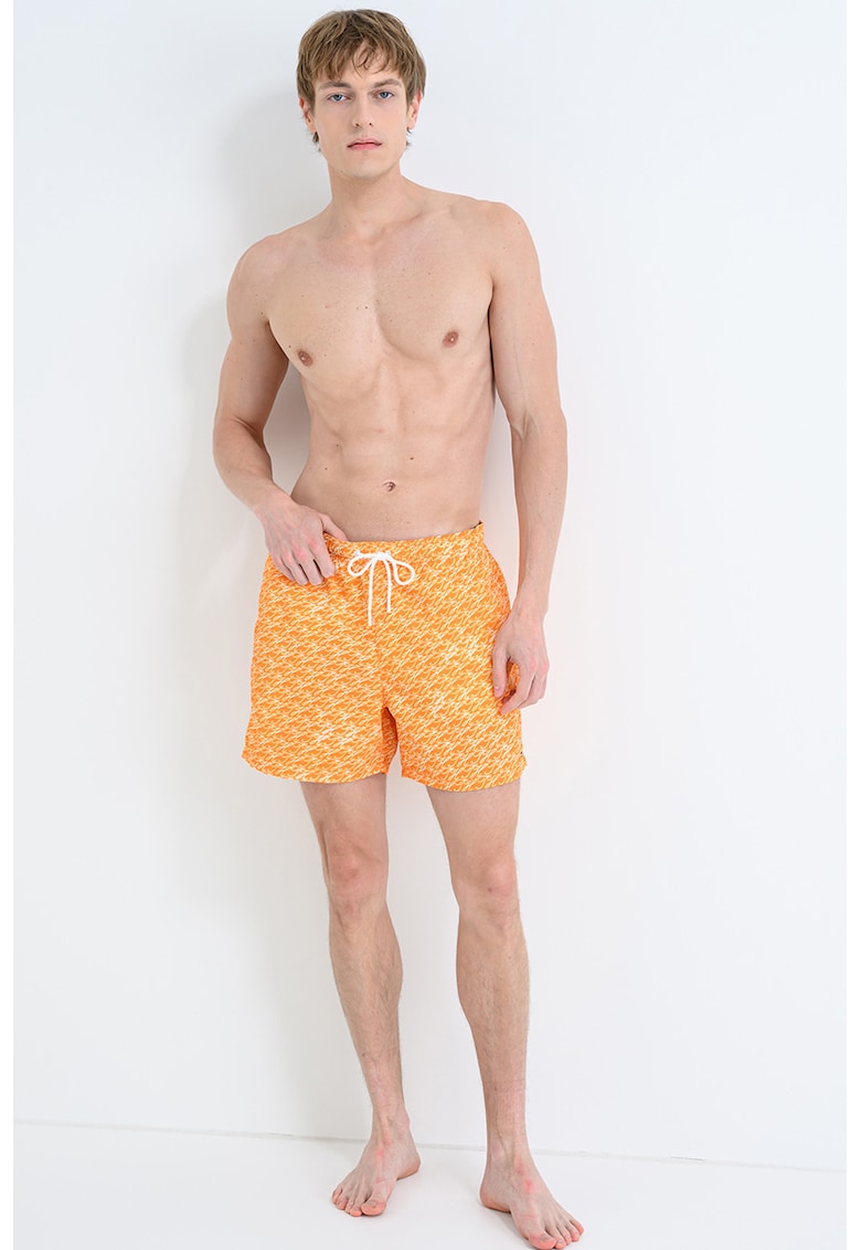 Pantaloni scurti de baie cu model si buzunare laterale - Alb/Portocaliu dovleac
