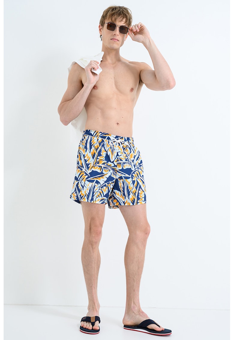 Pantaloni scurti de baie cu model si buzunare laterale - Alb/Portocaliu mandarina/Bleumarin