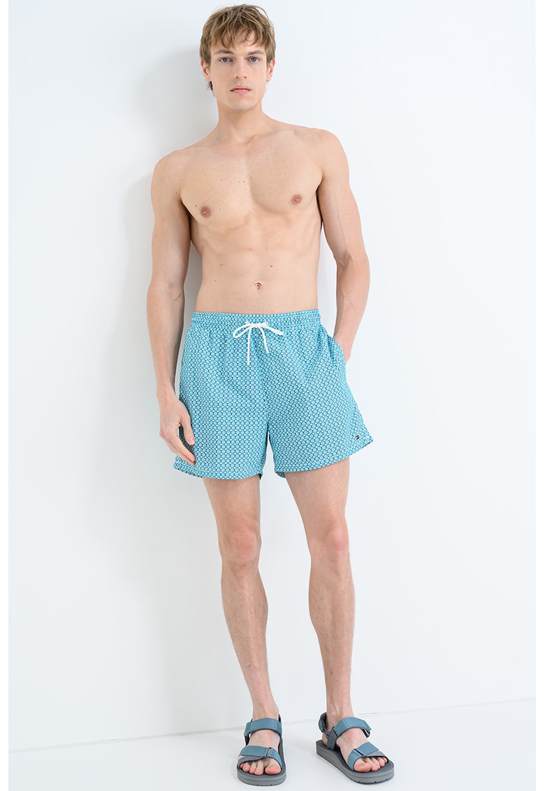 Pantaloni scurti de baie cu model si buzunare laterale - Alb/Turcoaz
