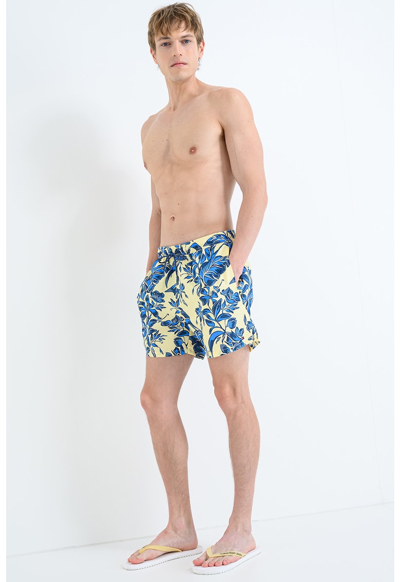 Pantaloni scurti de baie cu model si buzunare laterale - Albastru inchis/Galben deschis