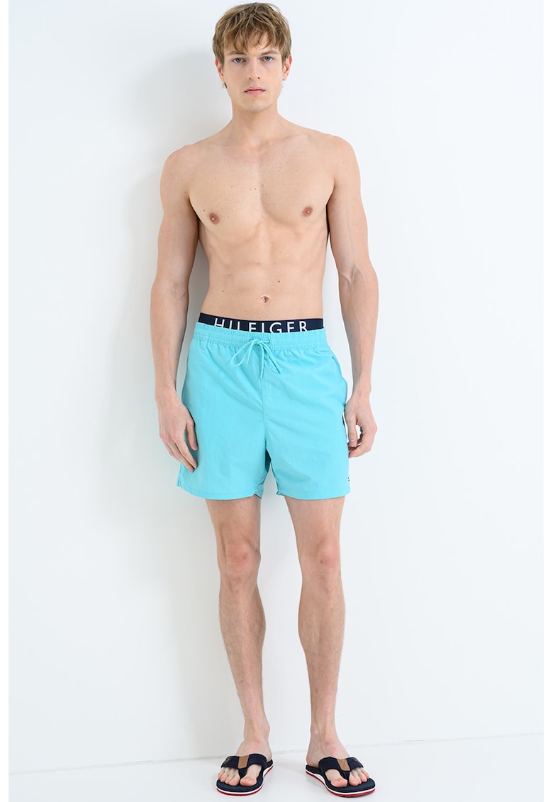 Pantaloni scurti de baie cu banda logo in talie - Turcoaz