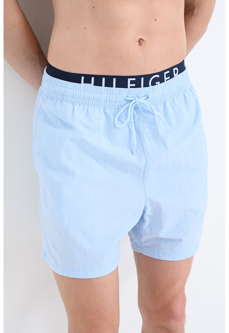 Pantaloni scurti de baie cu banda logo in talie - Albastru glaciar