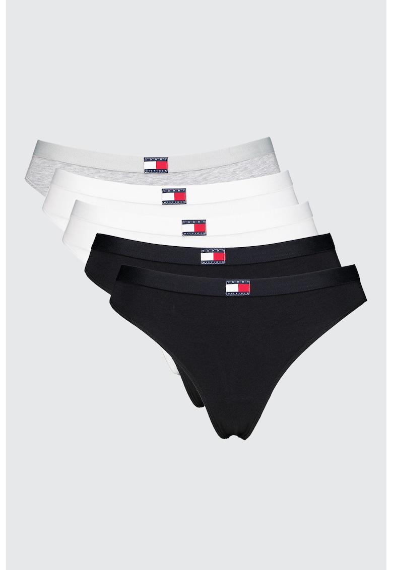 Set de chiloti tanga cu logo - 5 perechi - Alb/Negru/Gri melange
