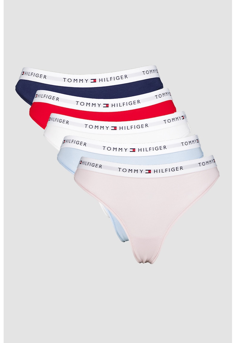 Set de chiloti tanga cu banda logo in talie - 5 perechi - Multicolor