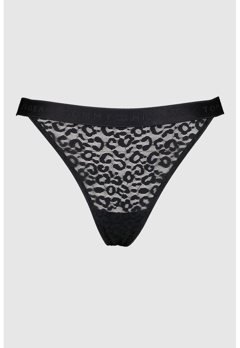 Chiloti tanga cu banda logo in talie cu model animal print - Negru