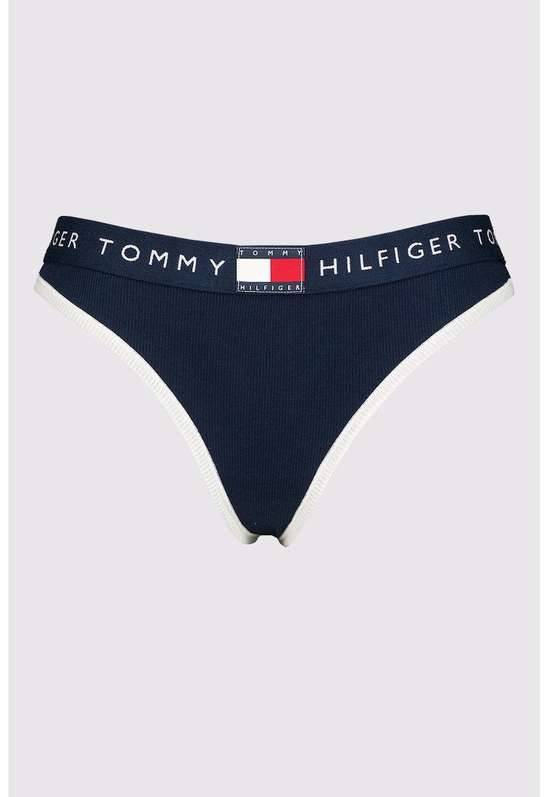 Chiloti tanga din amestec de bumbac cu banda logo in talie - Alb/Bleumarin