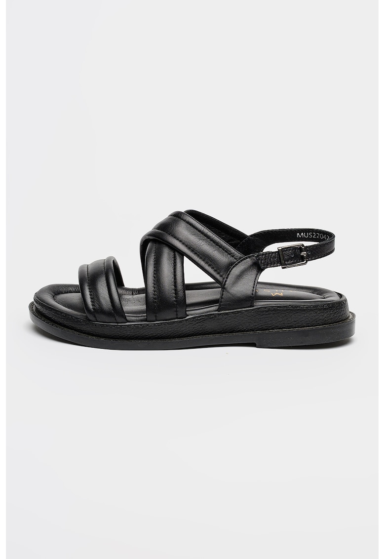 Sandale din piele cu talpa plata si catarama - Negru