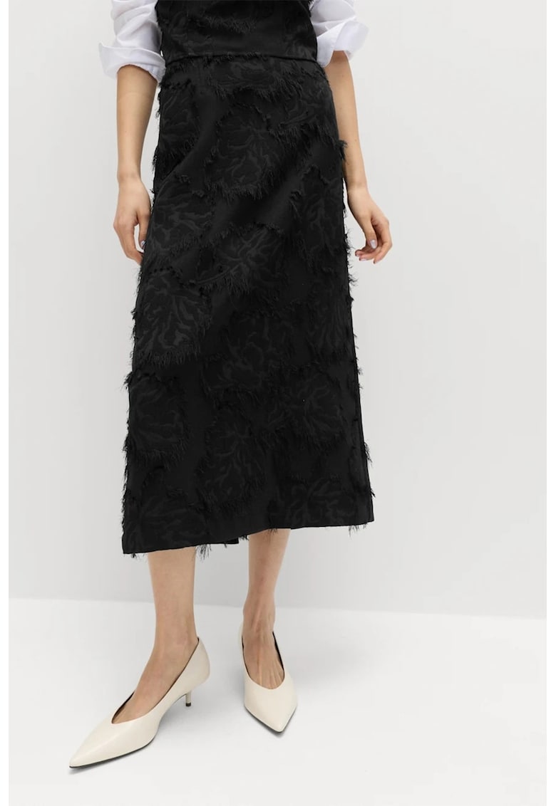 Fusta midi texturata din jacquard cu model floral - Negru