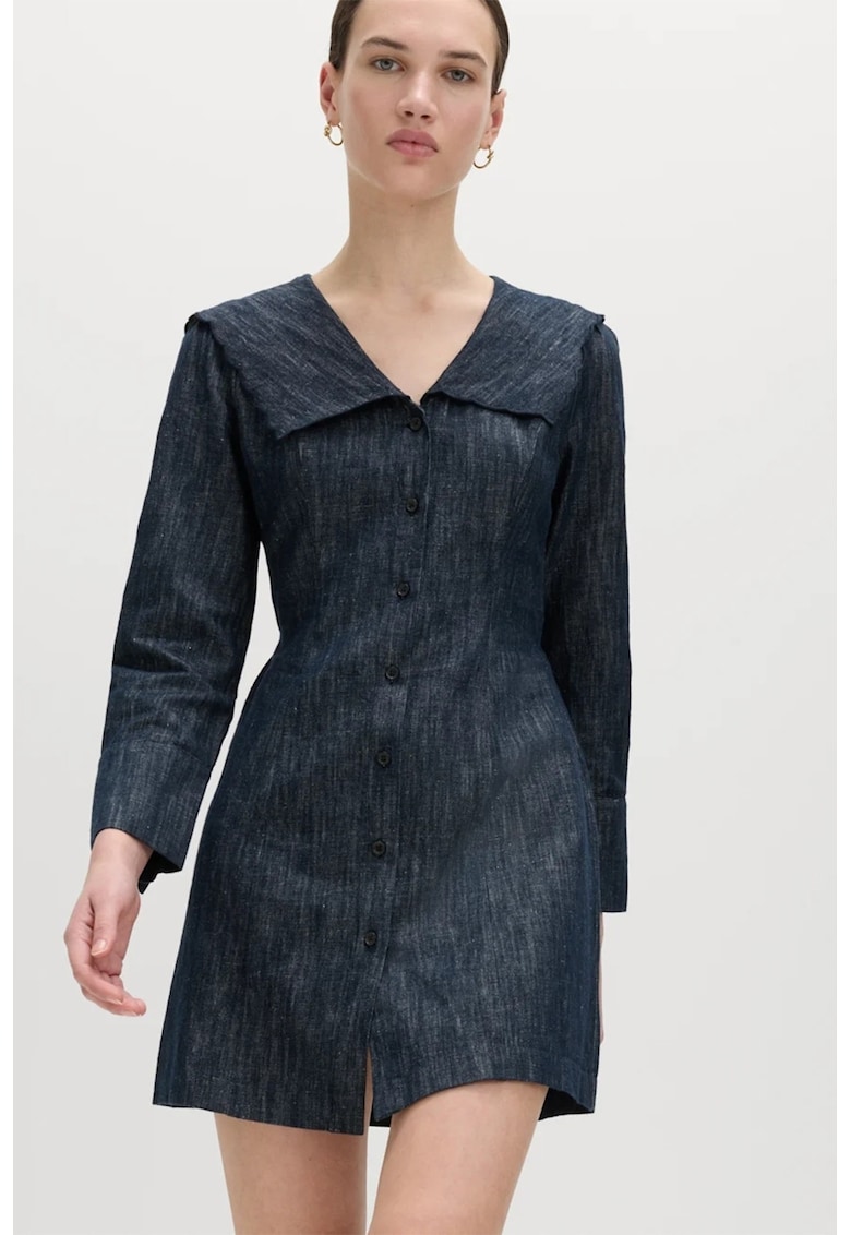 Rochie din amestec de in cu maneci lungi - Albastru inchis melange