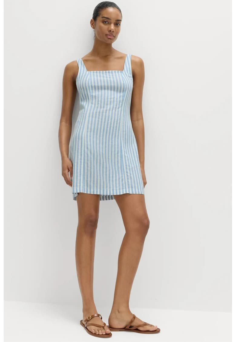 Rochie mini dreapta din amestec de in cu decolteu patrat - Alb/Albastru deschis