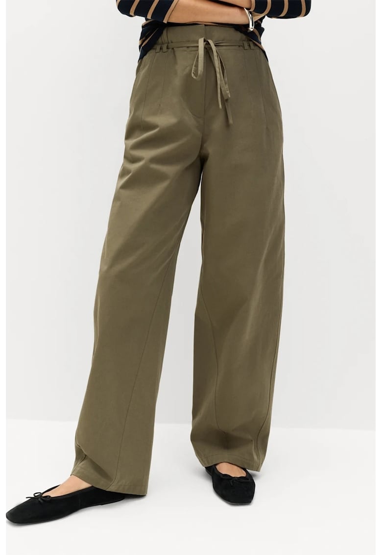 Pantaloni de bumbac cu talie inalta - Kaki inchis