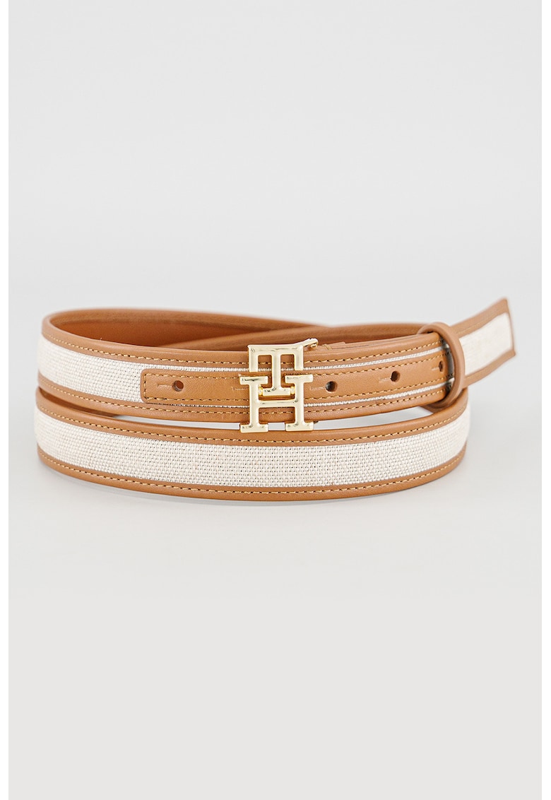Curea de piele si panza cu logo metalic - Caramel/Bej deschis