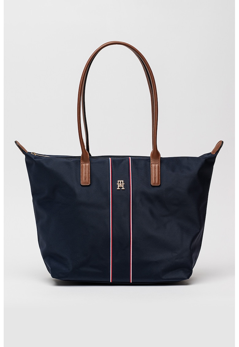 Geanta shopper de nailon cu insertii de piele Popette - Bleumarin