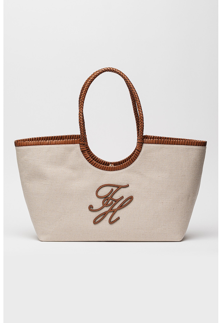 Geanta tote din material textil cu logo - Maro/Bej deschis