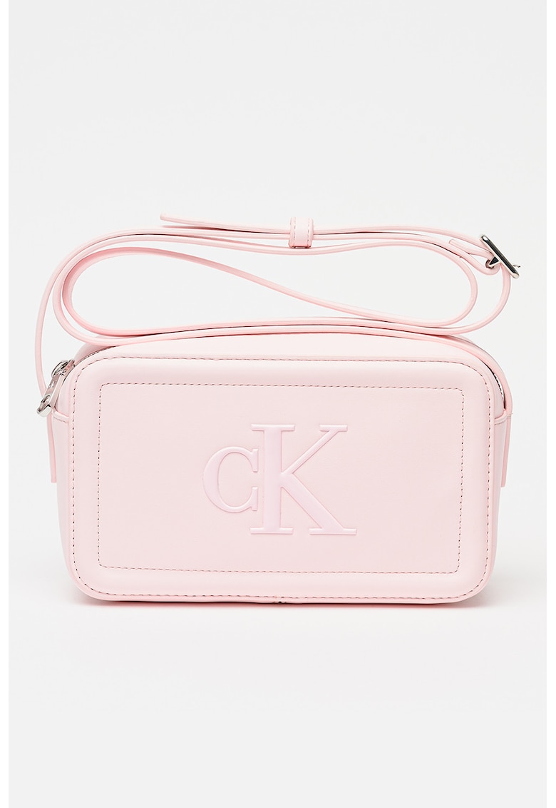 Geanta crossbody de piele ecologica cu logo in relief - Roz pal