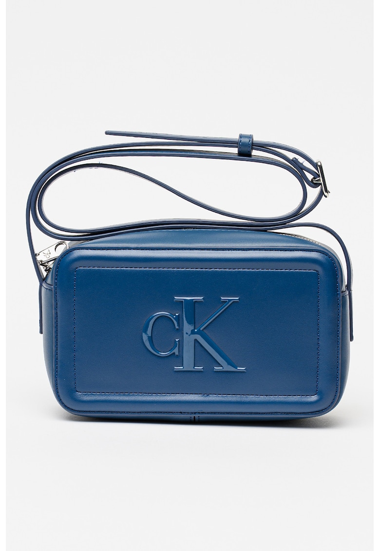 Geanta crossbody de piele ecologica cu logo in relief - Albastru inchis