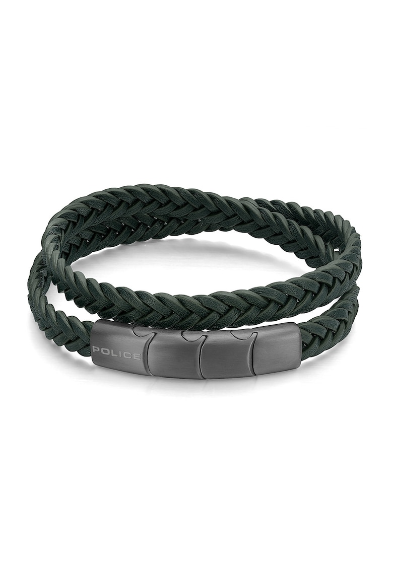 Bratara de piele cu doua siraguri - Verde padure/Argintiu inchis
